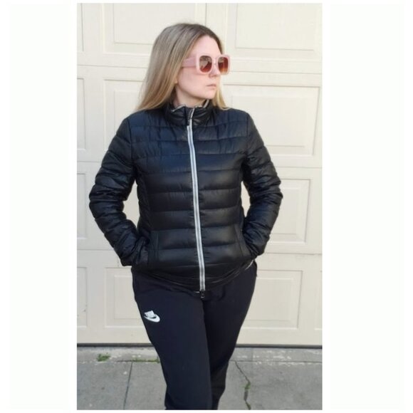 5/$100 SALE - SAND Lightweight Packable Down Black  Puffer Coat Metallic Trim - Picture 1 of 8